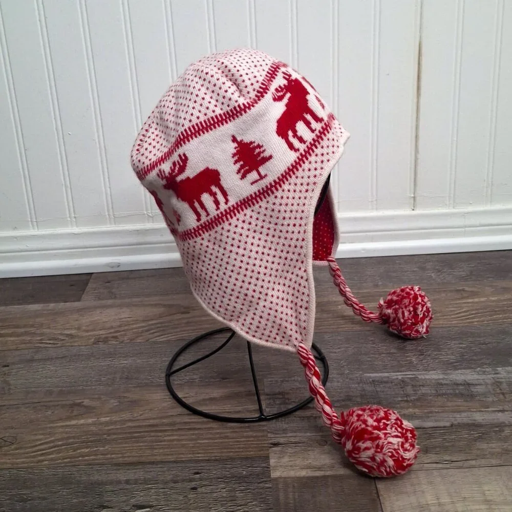 Abercrombie & Fitch Earflap Beanie Sz O/S Moose Wool Blend Pom Pom Fair Isle